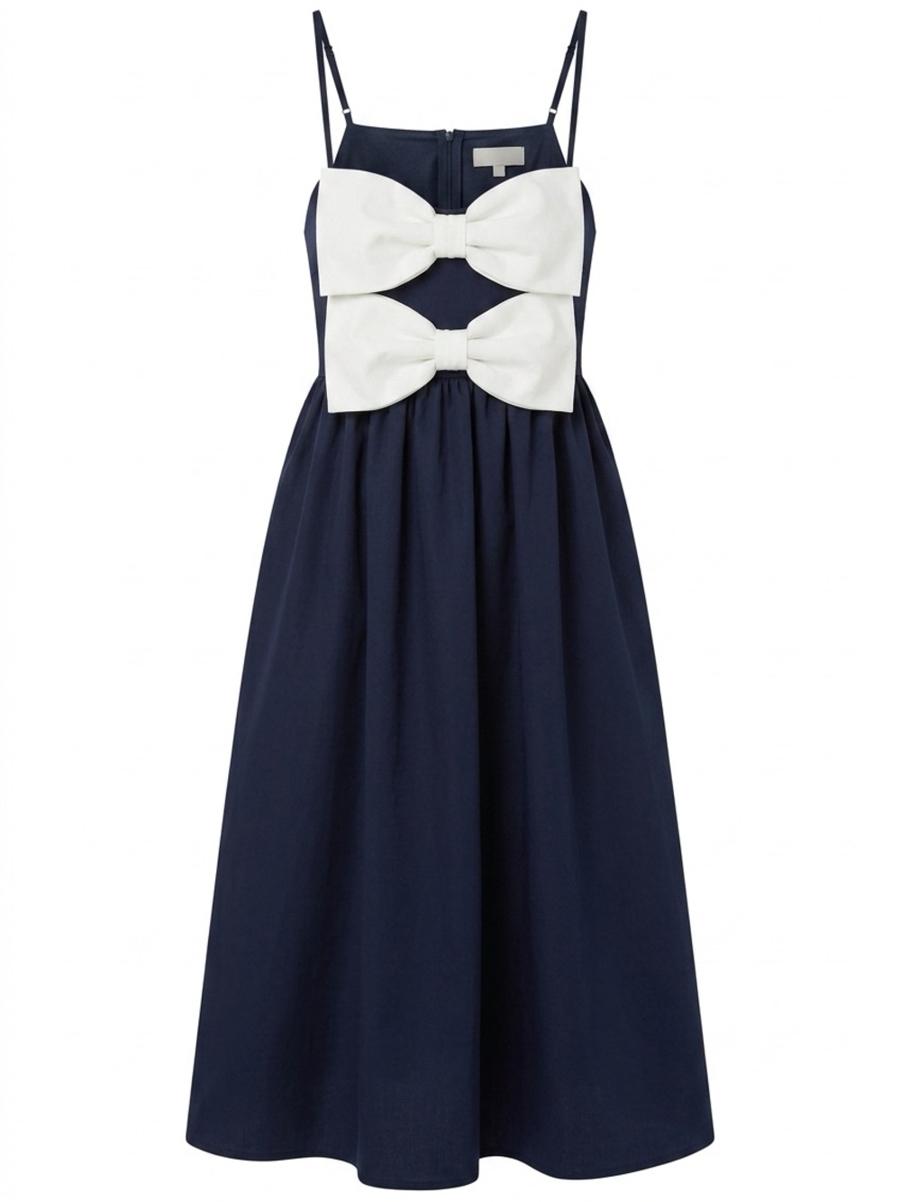Elegant Navy Blue Midi Dress with White Bow Detail